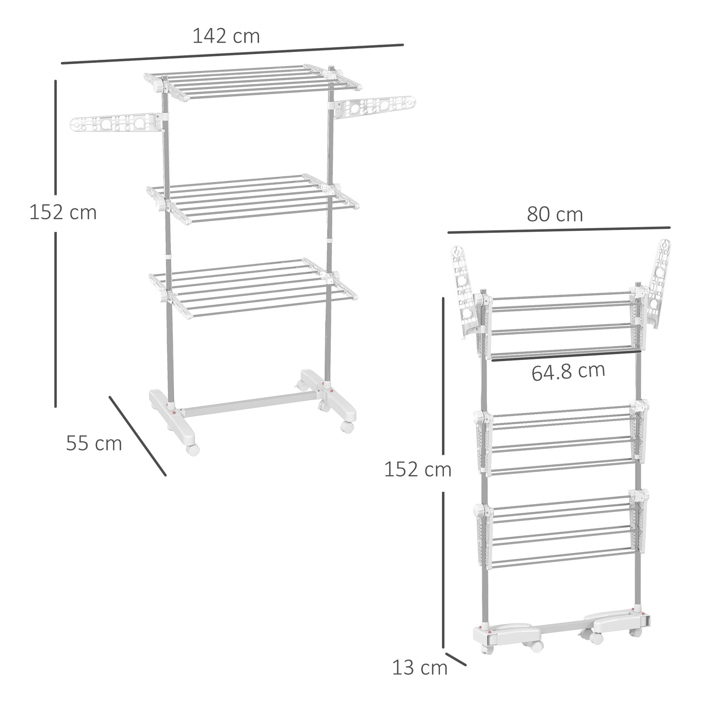 HOMCOM Clothes Airer, Stainless Steel Foldable Drying Rack with Wheels & Wings, Indoor/Outdoor, Easy Assembly, 142x55x152cm, White