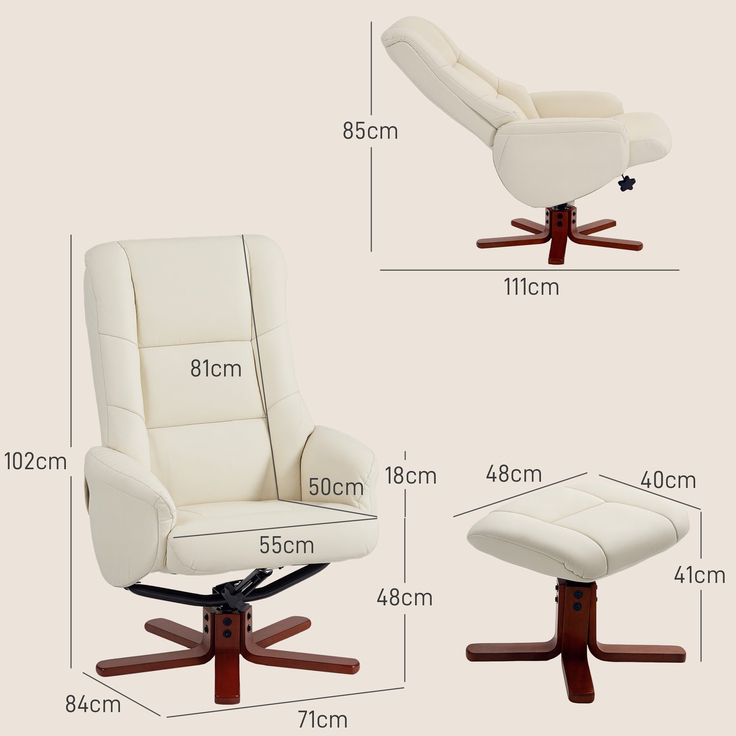 HOMCOM Rocking Recliner Chair with Footstool, PU Leather Armchair, Wood Base, Upholstered Recliner for Living Room Bedroom, Cream