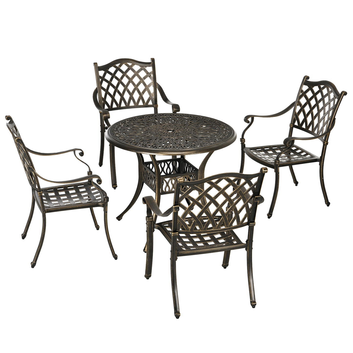 Outsunny 5PCs Garden Dining Conversation Set 4 Chairs Table W/Umbrella Hole Cast Aluminum