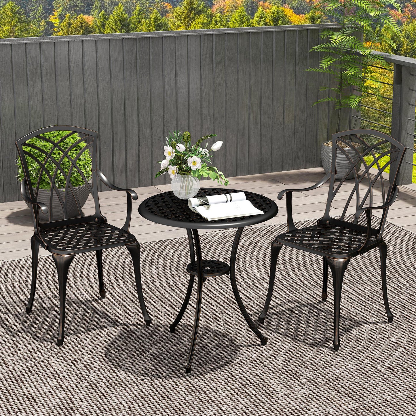 Outsunny 3-Piece Garden Set: Cast Aluminium 2 Armchairs & Round Table w/ Parasol Hole, Bronze Tone