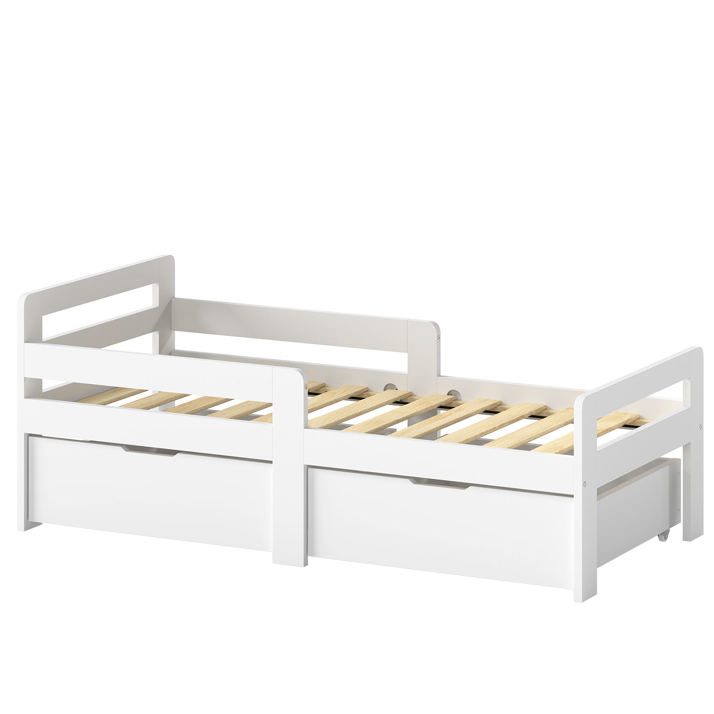 AIYAPLAY Wooden Kids Bed Frame with 2 Storage Drawers and Guard Rails for Ages 4-14, 144 x 76 x 57 cm (No Mattress), White