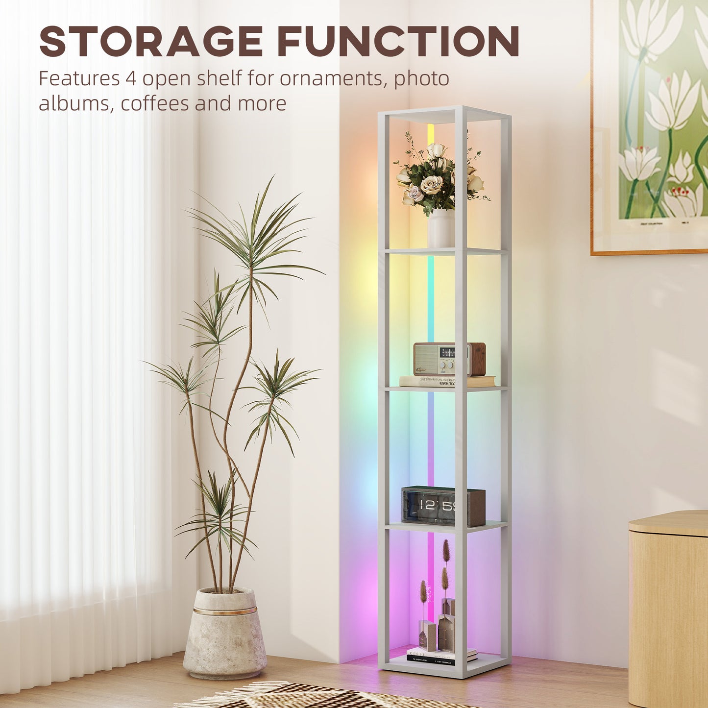 HOMCOM RGB LED Floor Lamp with Shelves, Modern Dimmable Standing Lamp, Remote Control, Adjustable Brightness & Speed for Living Room, Grey