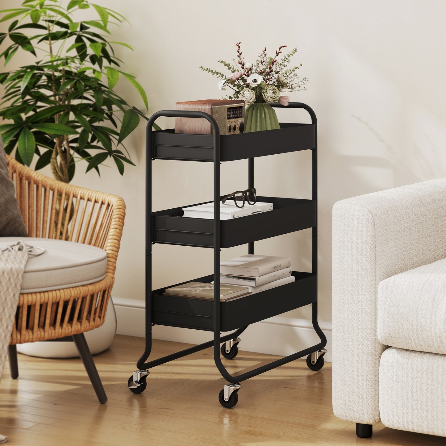 HOMCOM 3-Tier Storage Trolley on Wheels, Rolling Utility Cart with Mesh Backets for Kitchen, Bathroom, Bedroom, Black