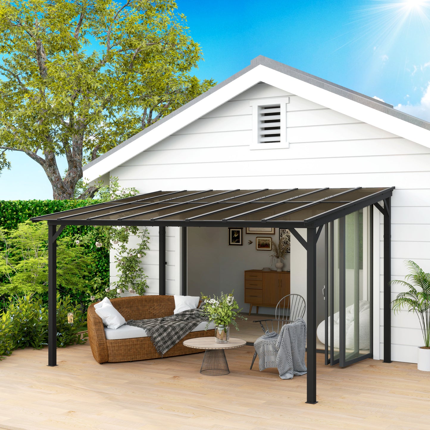 Outsunny 3x4.3m Metal Pergola, UPF 50+ Waterproof Roof, Wall-Mounted/Free Standing Gazebo, Dark Grey