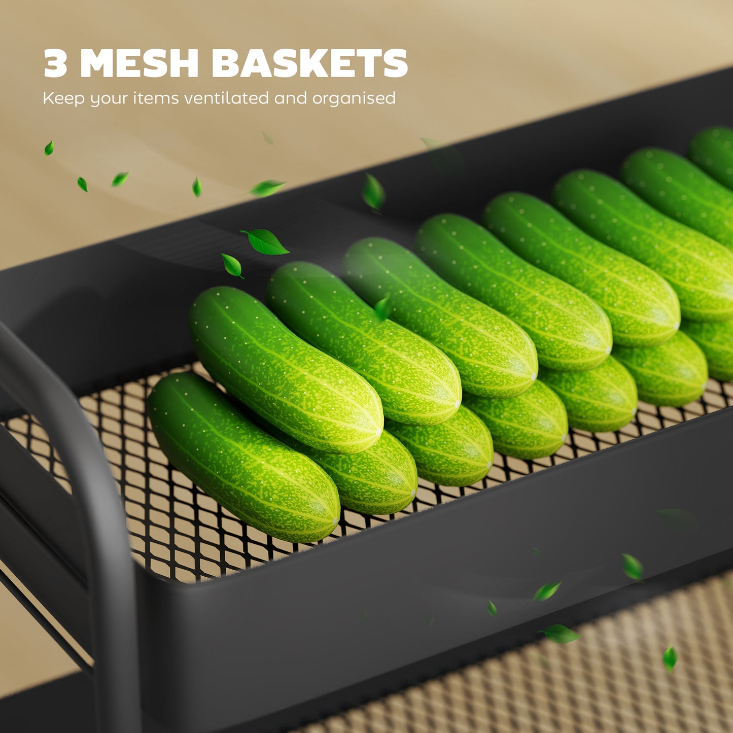 HOMCOM 3-Tier Storage Trolley on Wheels, Rolling Utility Cart with Mesh Backets for Kitchen, Bathroom, Bedroom, Black