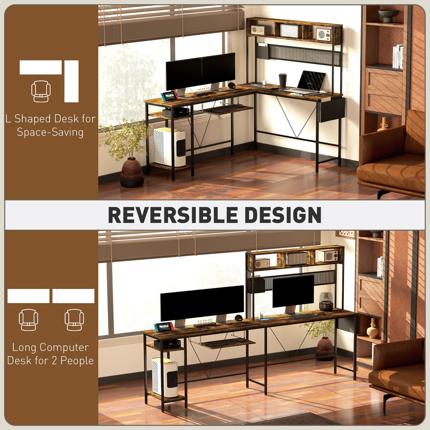 HOMCOM 160cm Reversible L Shaped Desk with Outlet, Corner Desk w/ Storage & Tray, 240cm, Rustic Brown