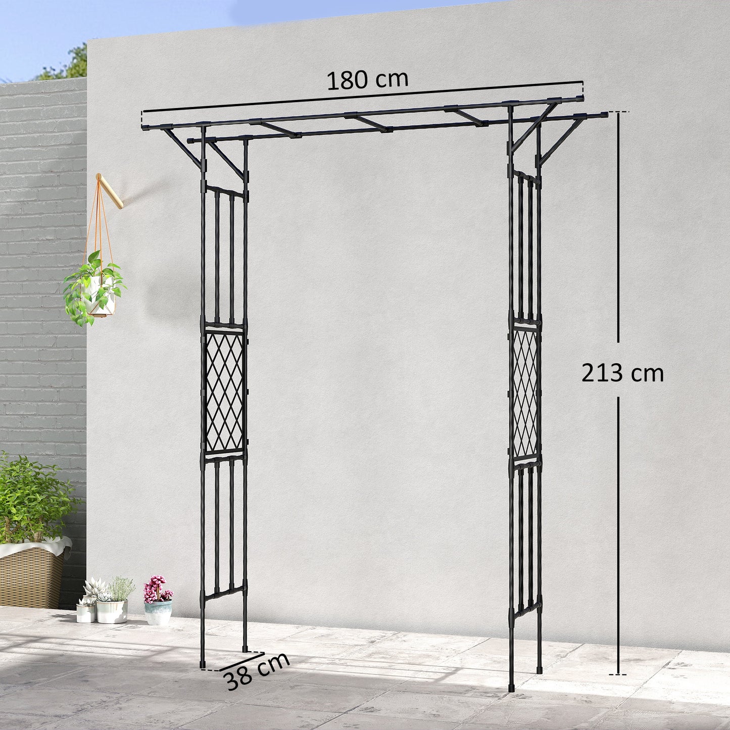 Outsunny Garden Arch, PE-Coated Steel Arbour Trellis for Climbing Plants, Rose Arch, 180 x 40 x 215 cm, Black