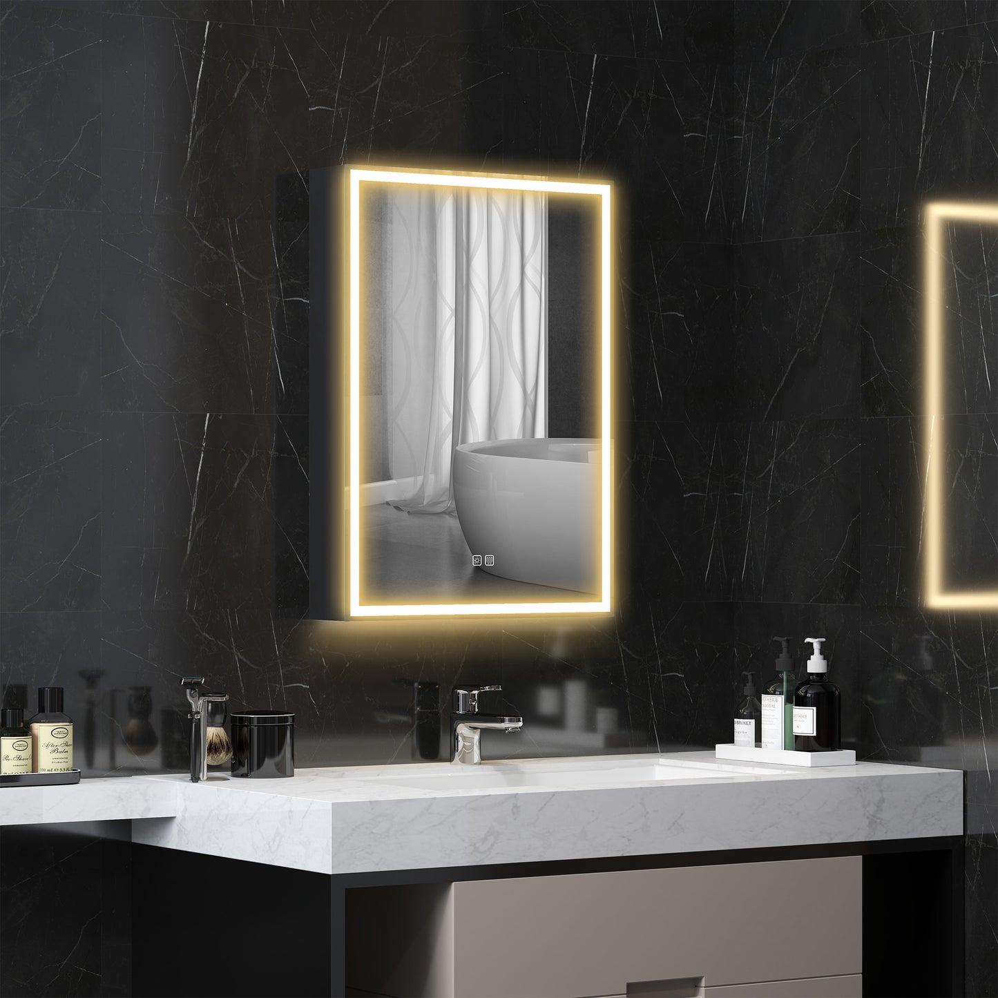 HOMCOM Black LED Bathroom Mirror Cabinet, 500x700 mm, Demister Pad, Dimmer, 3 Colours, Shaver Socket