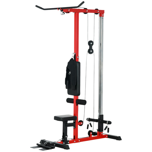 SPORTNOW Pull Up Station with Adjustable Seat, Power Tower for Chin up 
 and Lat Pulldown Exercises, Multi-Function Fitness Equipment with Flip-Up Footplate, for Home Gym, Red