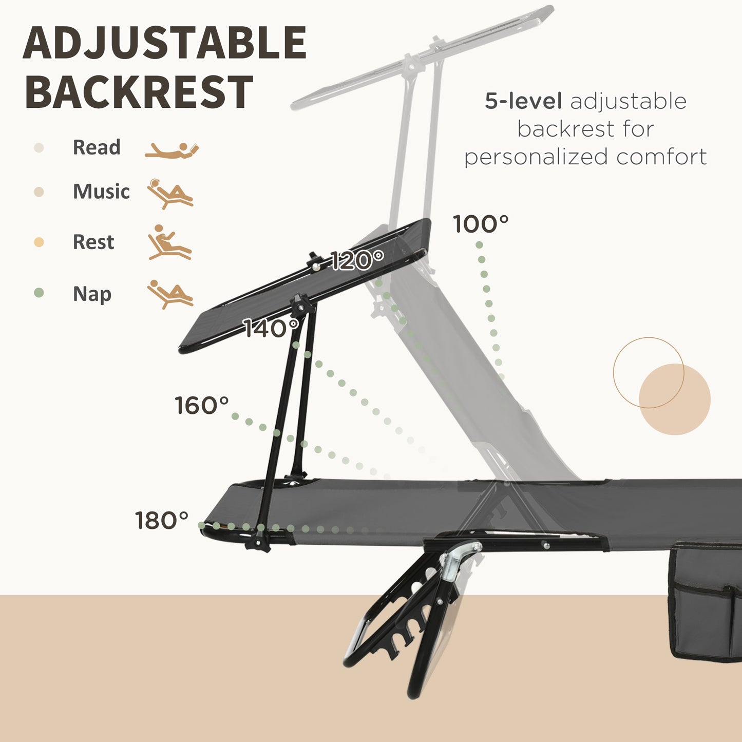 Outsunny 2 Piece Folding Sun Loungers w/ Canopy, Adjustable Garden Chairs, Steel Frame, Dark Grey
