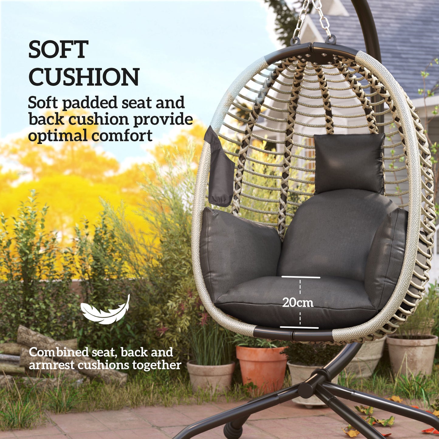 Outsunny Outdoor Swing Chair with Cushion & Metal Stand, Foldable Basket, Cup Holder, Dark Grey