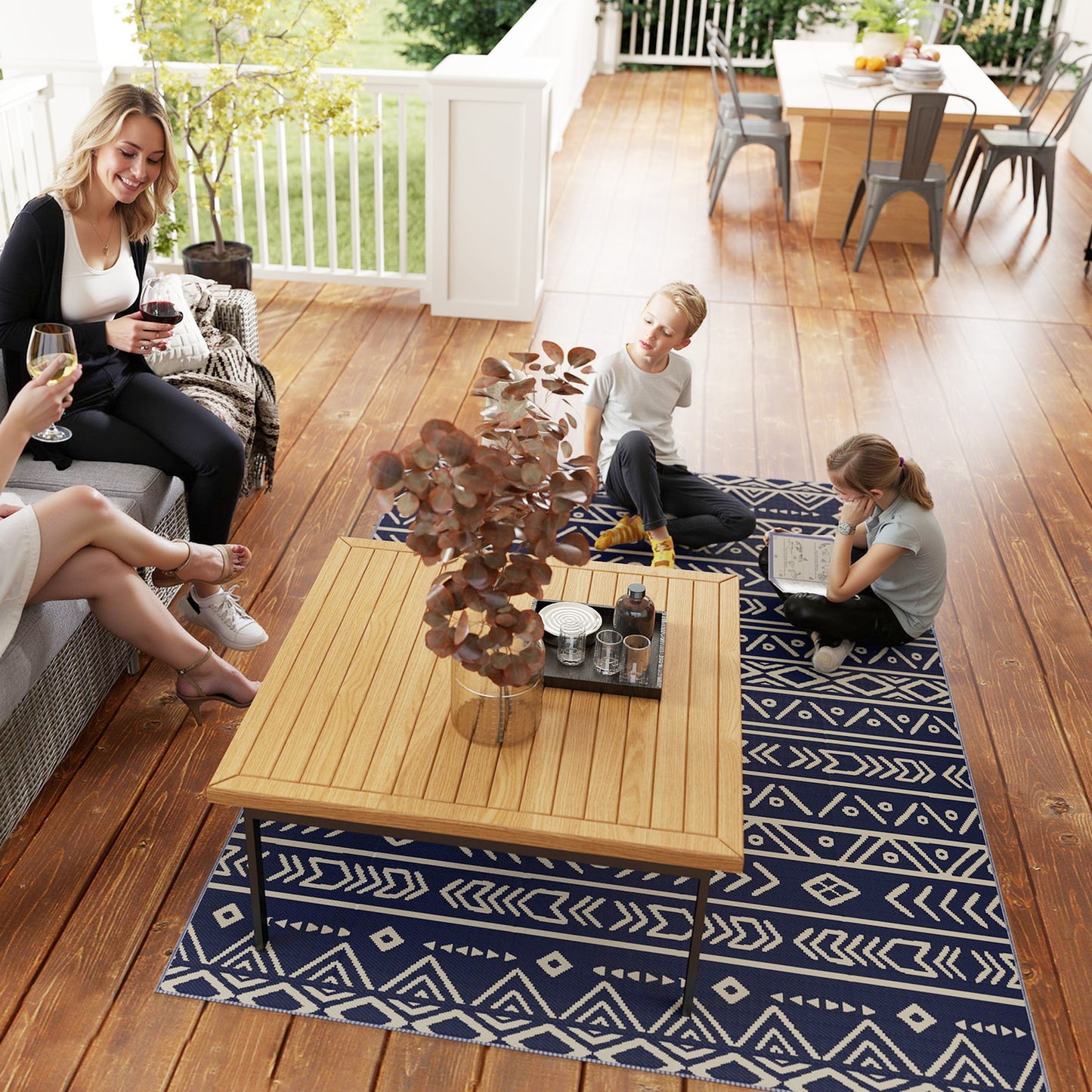 Outsunny Reversible Outdoor RV Rug, 1.8 x 2.7m Waterproof Patio Mat, Geometric Design for Garden, Beach, Camping, Blue/White