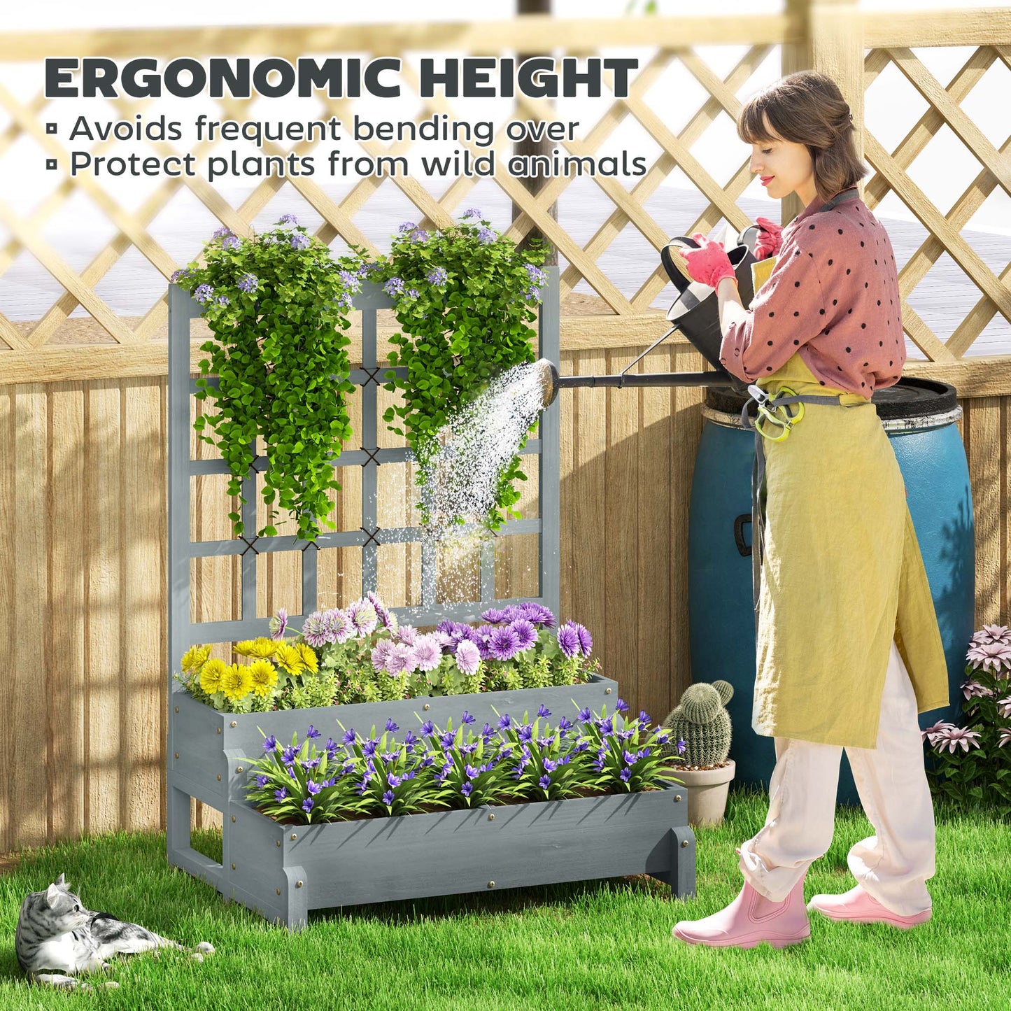 Outsunny Raised Garden Bed with Trellis, Wooden Elevated Planter Box, Drainage Holes, for Plants, Fruits, Vegetables, Flowers, Grey