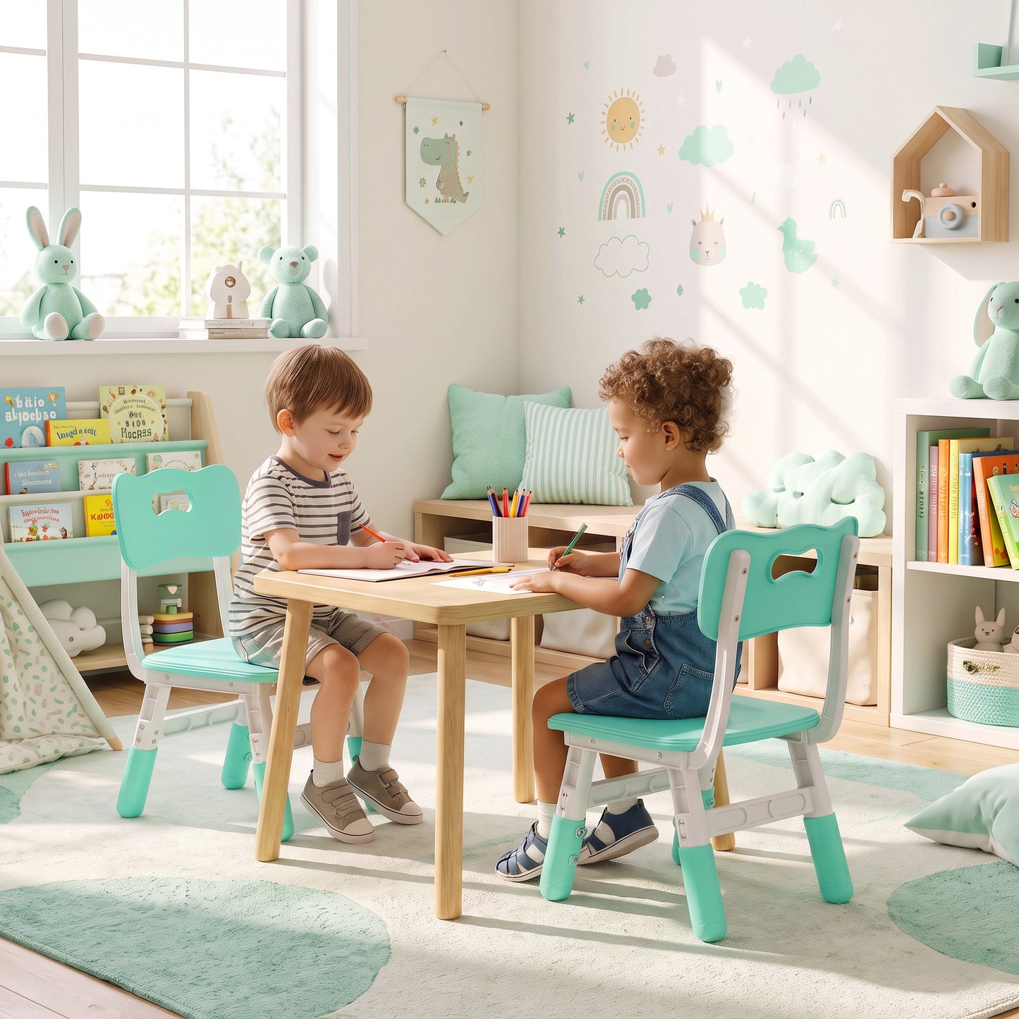 AIYAPLAY 2 PCS Kids Desk Chairs, 3 Level Height Adjustable Children's Chairs with Backrest for 1.5-8 Years, Max Load 50KG, Green