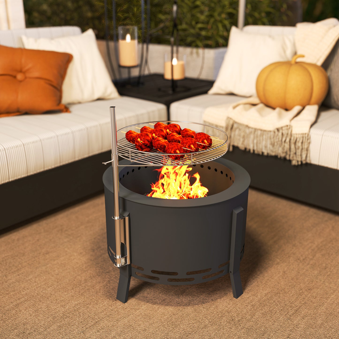 Outsunny Portable Fire Pit, 58 cm Round with Grill Grate, Ash Catcher, and Poker, Ideal for Garden Camping Bonfire Picnic, Black