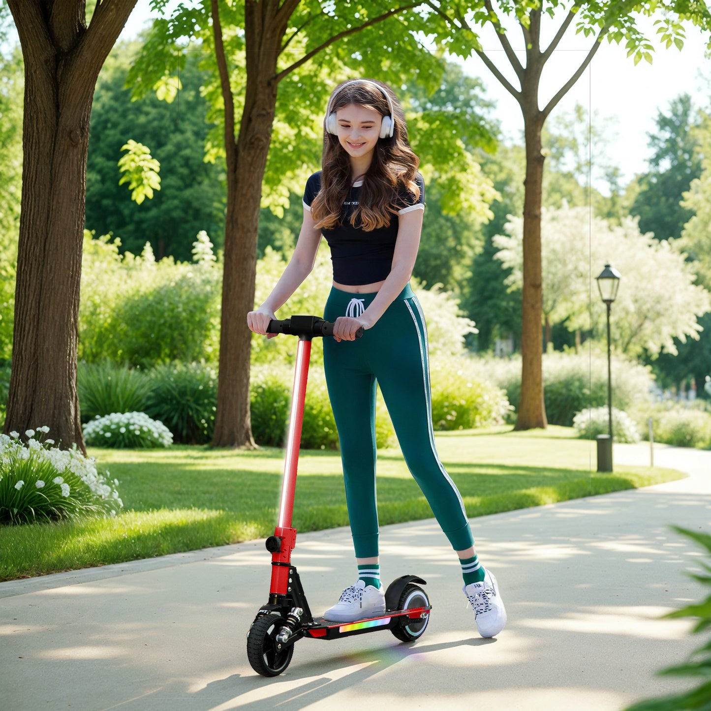 SPORTNOW Folding Electric Scooter for Kids 6-14, Dual Brakes, LED Lights, 6.8kg, 14 KM/H, Red