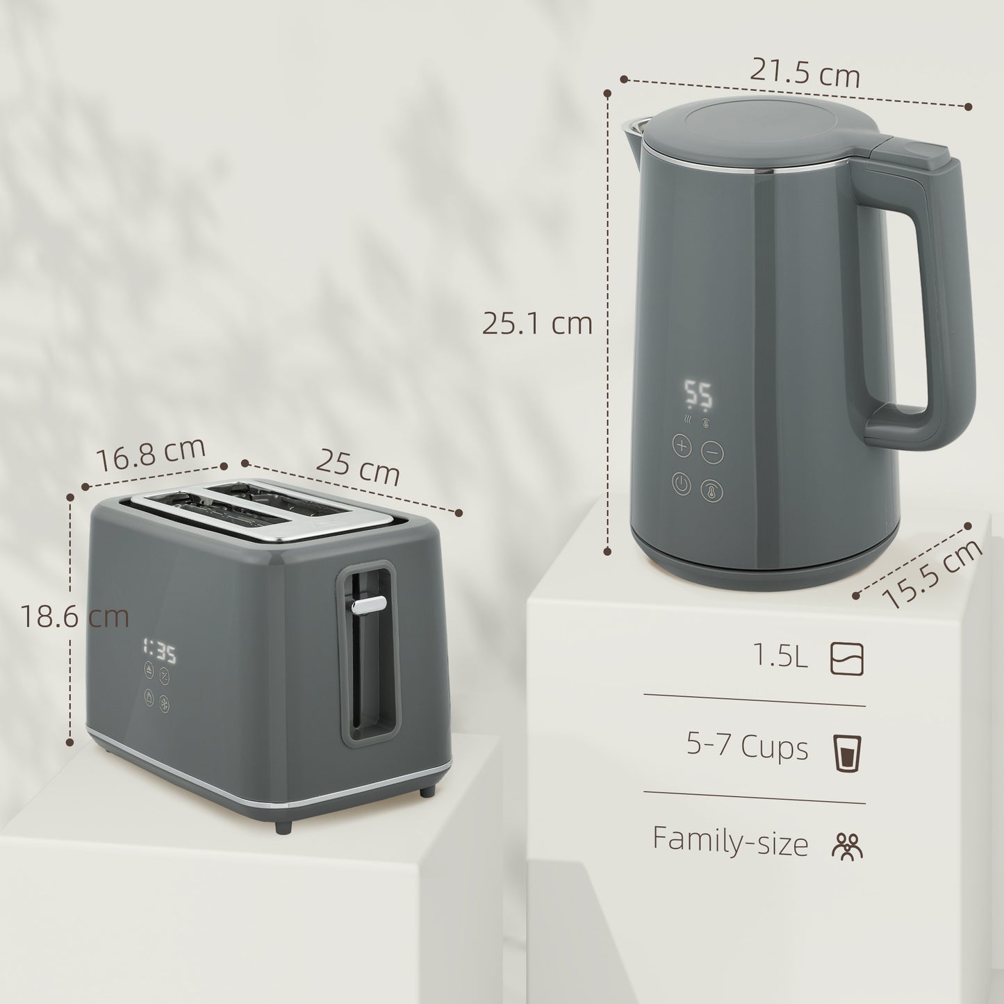 HOMCOM Digital Kettle & Toaster Set, 1.5L 3000W Fast Boil Kettle, 2-Slice Toaster with 7 Browning Levels, LED Display, Crumb Tray, Grey