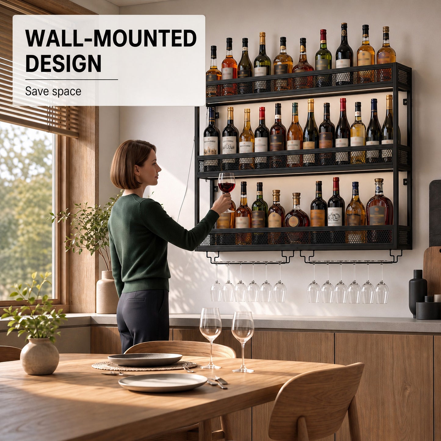 HOMCOM Wall-Mounted Wine Rack with LED Lights, Glass Holders, Open Shelf, Metal Storage Rack, Black