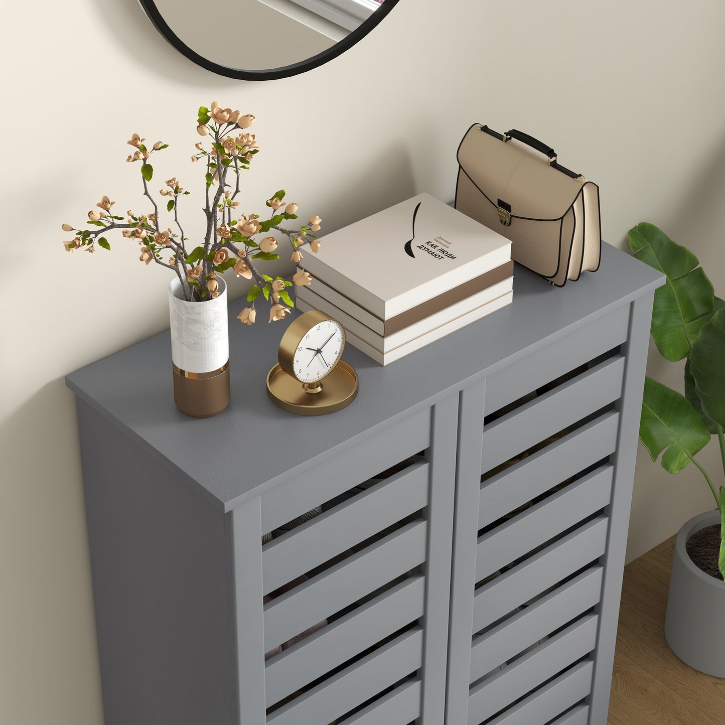 HOMCOM Narrow Shoe Cabinet for Entryway, 5-Tier Slim Shoe Storage Cabinet with 2 Slatted Doors and Adjustable Shelves Grey