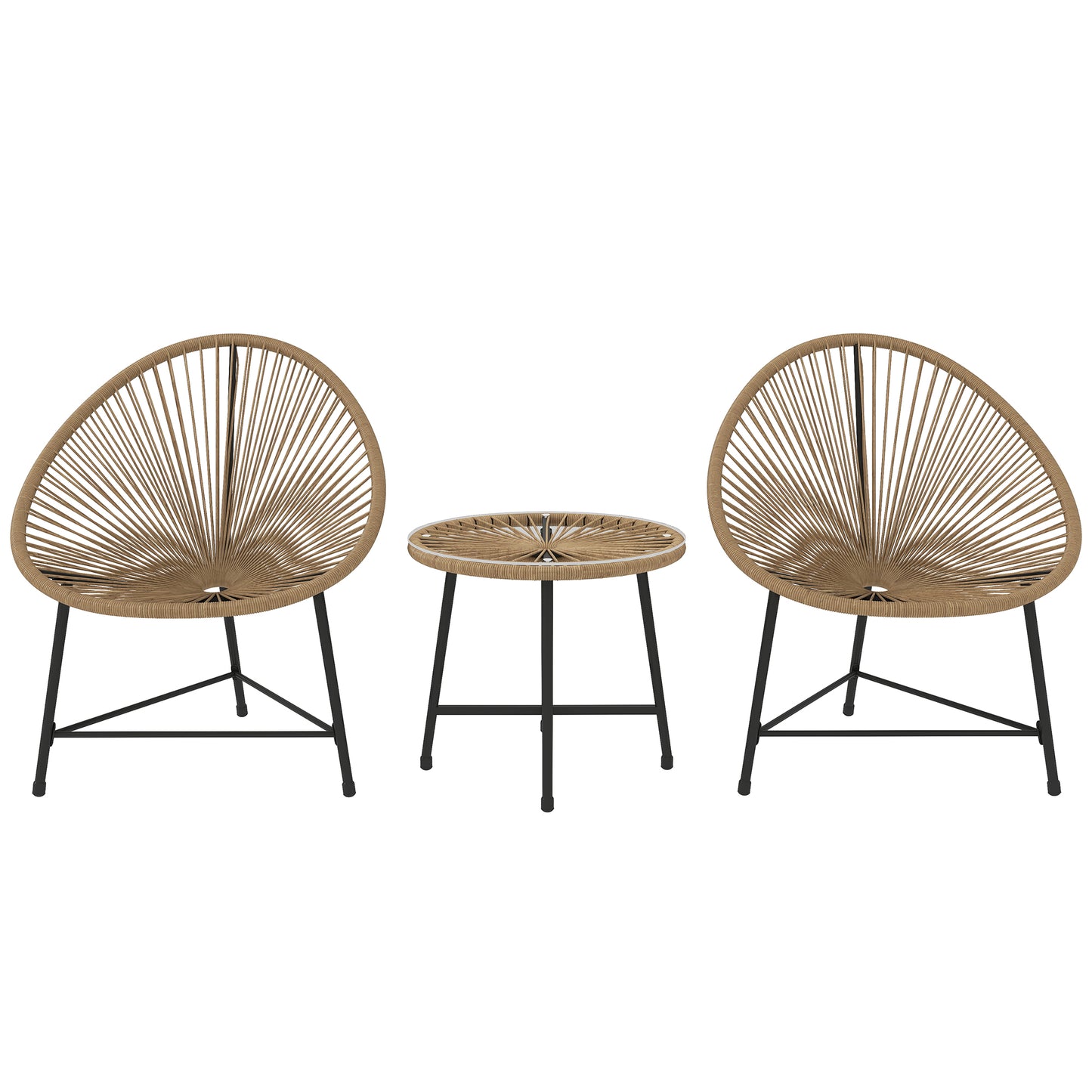 Outsunny 3-Piece Rattan Bistro Set, Reinforced Metal Frame, Acapulco Chairs & Glass Table for Patio, Balcony, Outdoor Garden Furniture, Natural