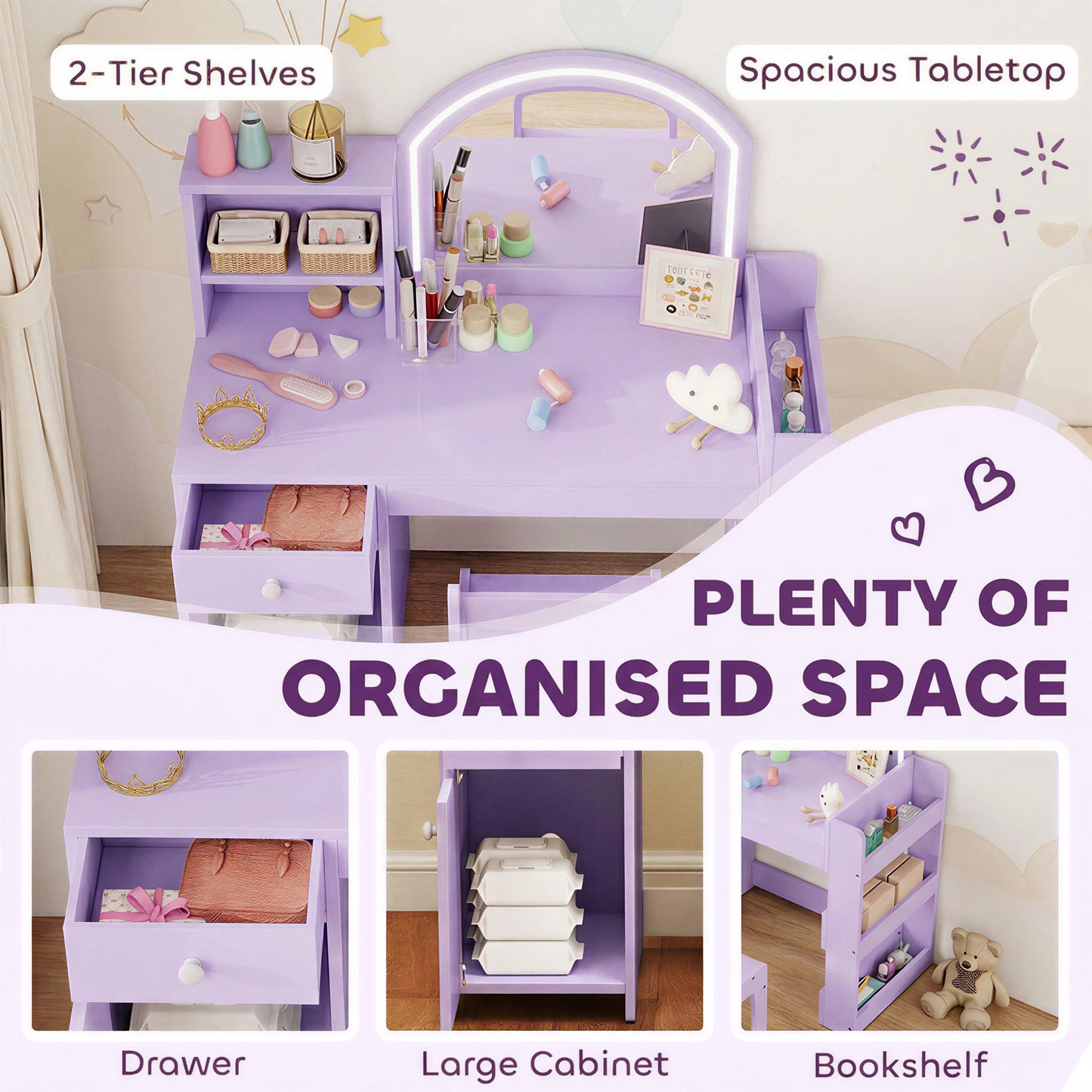 AIYAPLAY Kids Vanity Table and Chair Set, Kids Vanity Table with 2-Colour LED Mirror, Stool, Cabinet, Drawer, Shelves, Purple