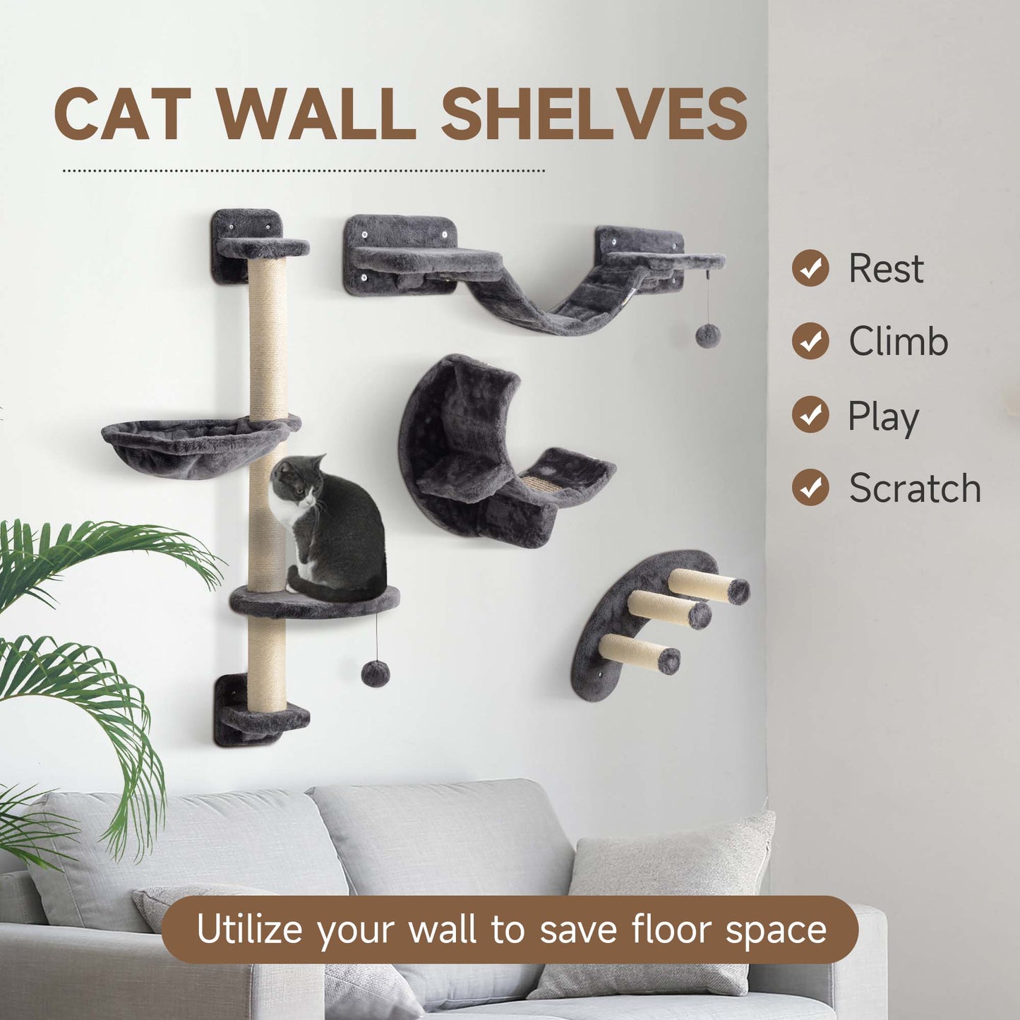 PawHut Four-Piece Cat Wall Furniture, with Hammock, Ladder, Platforms, Steps, for Indoor Use - Dark Grey
