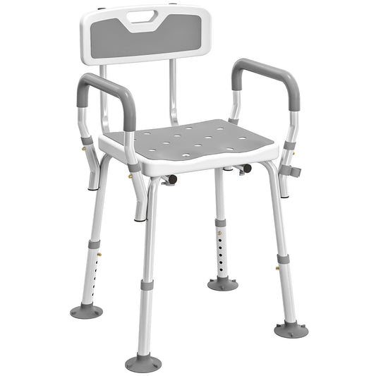 HOMCOM EVA Padded Shower Chair, Height Adjustable with Back & Arms, 4 Suction Foot Pads for Elderly & Disabled, Light Grey