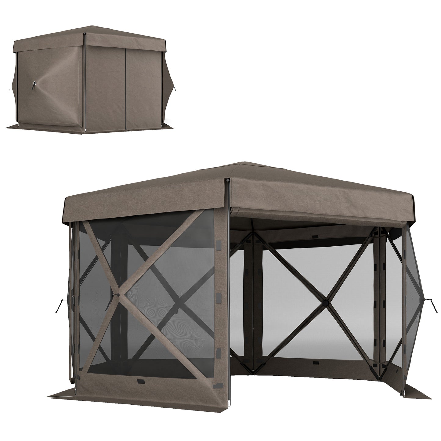 Outsunny 3x3m Hexagon Pop Up Gazebo, Waterproof UV Resistant Tent with Netting & Carry Bag, Brown