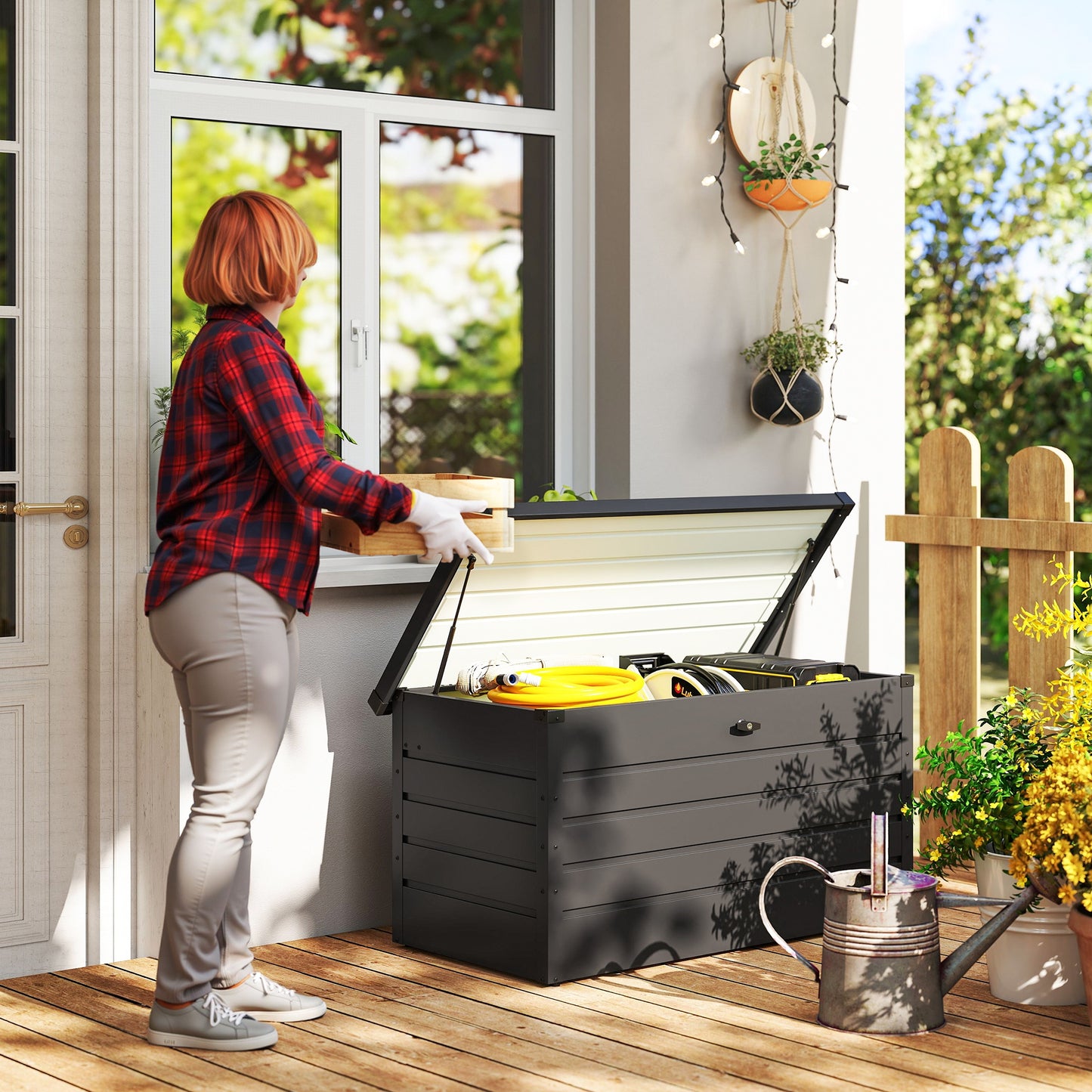 Outsunny 311L Garden Storage Box, Outdoor Storage Box Waterproof with Lockable Lid, Galvanised Steel Garden Bench for Tools