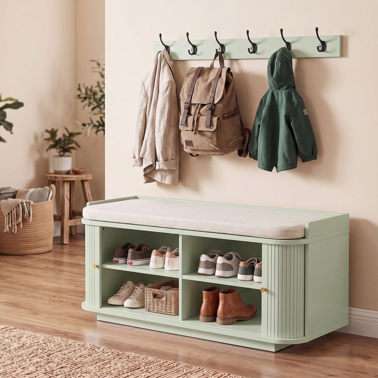 HOMCOM Hallway Storage Unit, Hallway Furniture Set with Shoe Storage Cabinet and 5 Hooks Coat Rack, Light Green