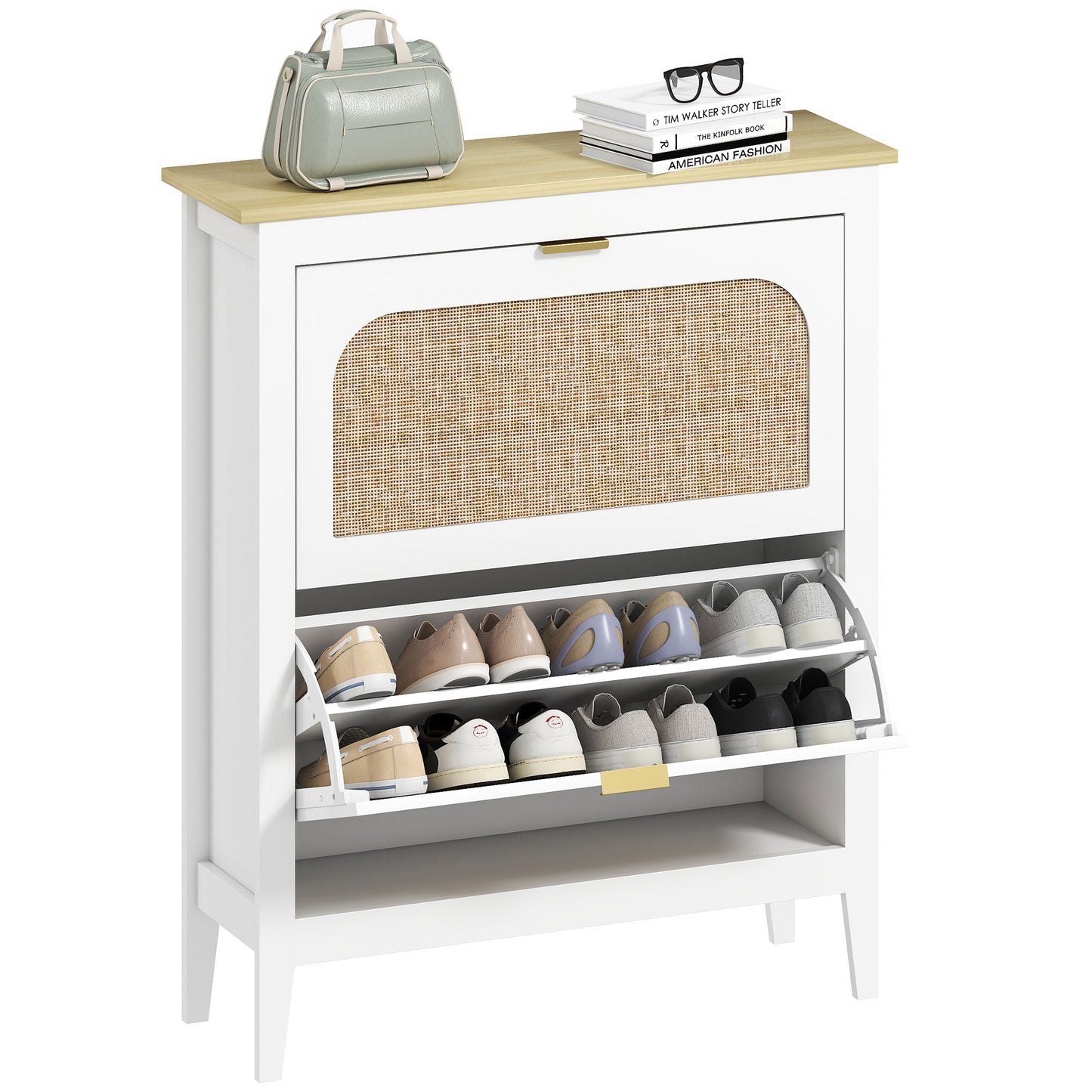 HOMCOM Shoe cabinet 14 pairs boho with 2 flip-down drawers, rattan cane-effect doors, 80 x 24 x 95.5 cm, White
