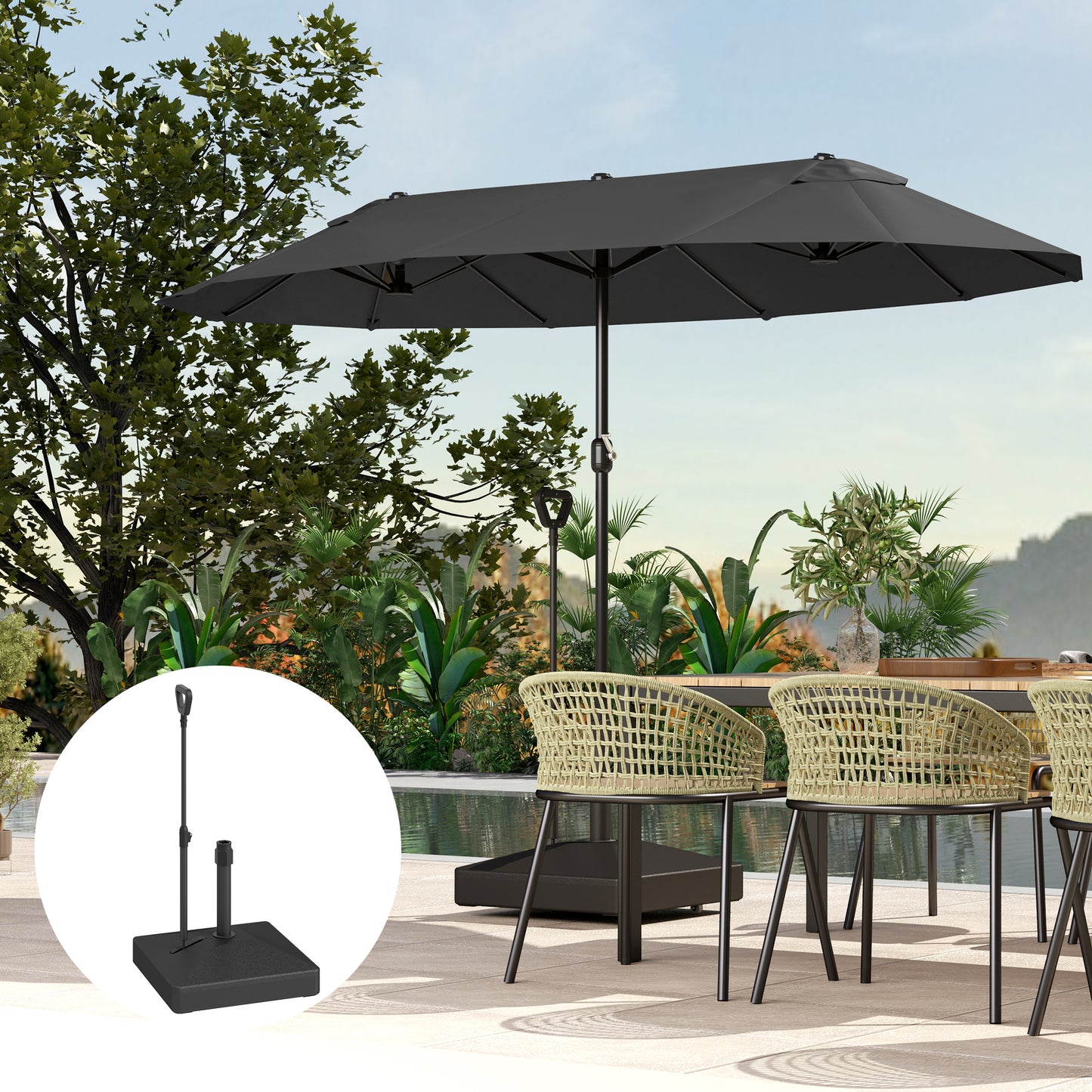 Outsunny Garden Parasol Base with Adjustable Wheels & Handle, 55kg/45kg Fill, Umbrella Stand, Black