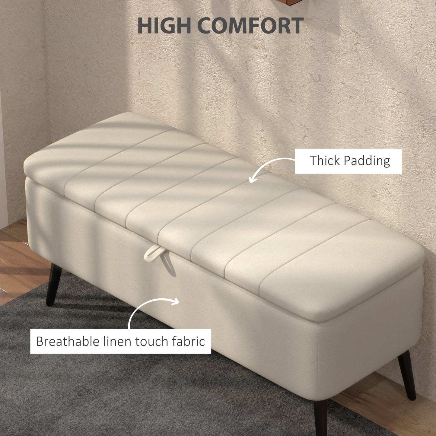 HOMCOM Storage Ottoman Linen Fabric Bench with Flip Top - Cream White