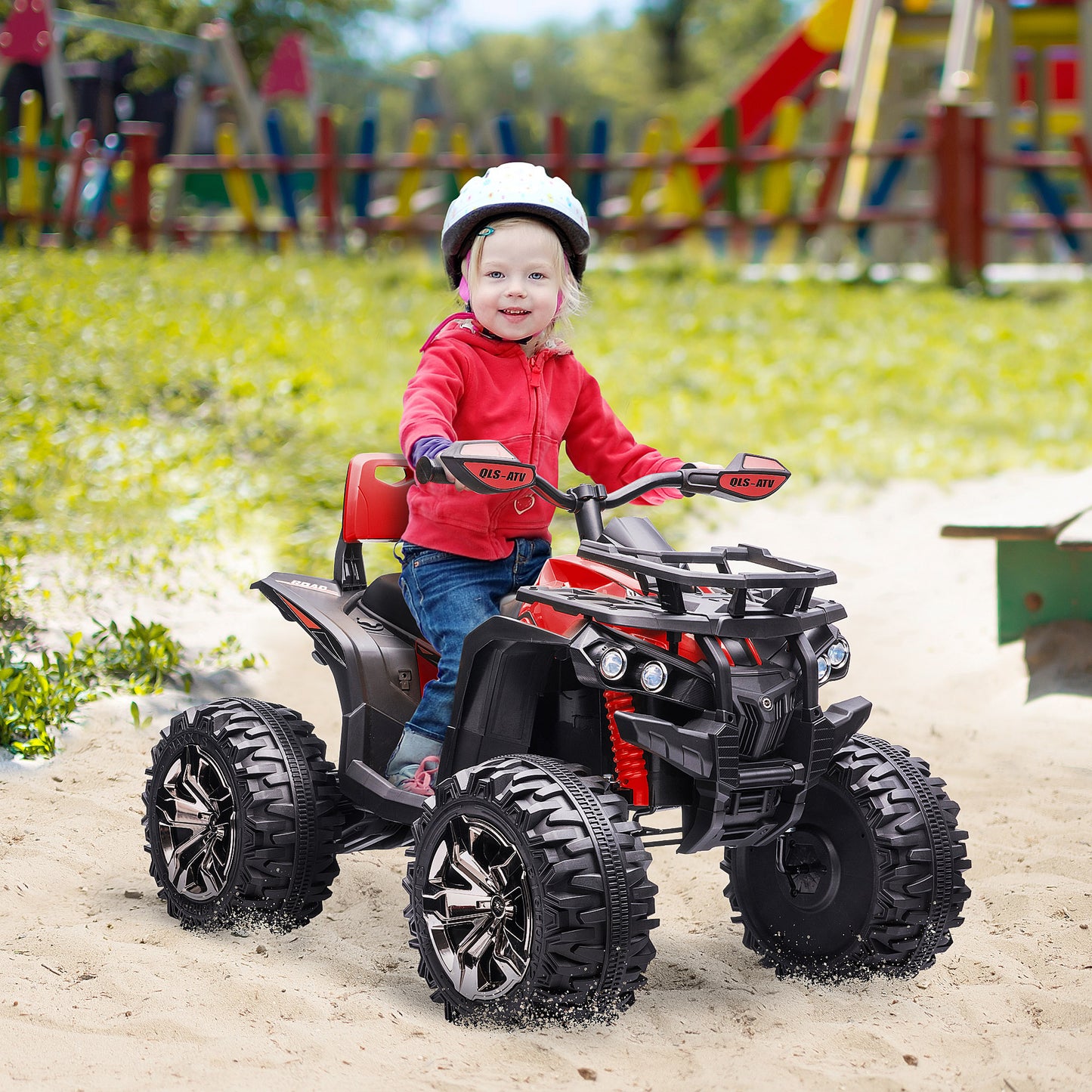 HOMCOM 12V Quad Bike ATV with LED Lights, Music, Backrest, Forward, Backward, Red