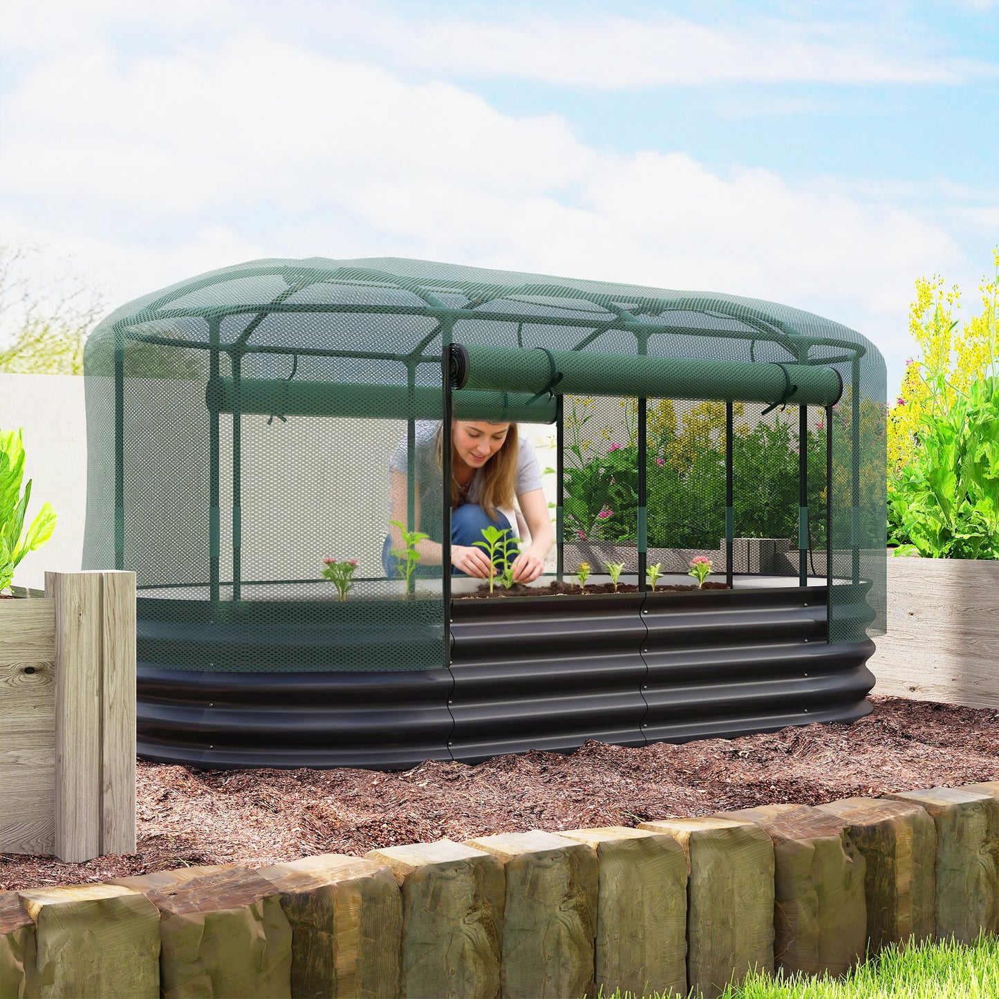 Outsunny Galvanised Raised Garden Bed Kit with Self Watering System and Mesh Cover, Garden Boxes, 6x3Ft, Dark Grey and Green