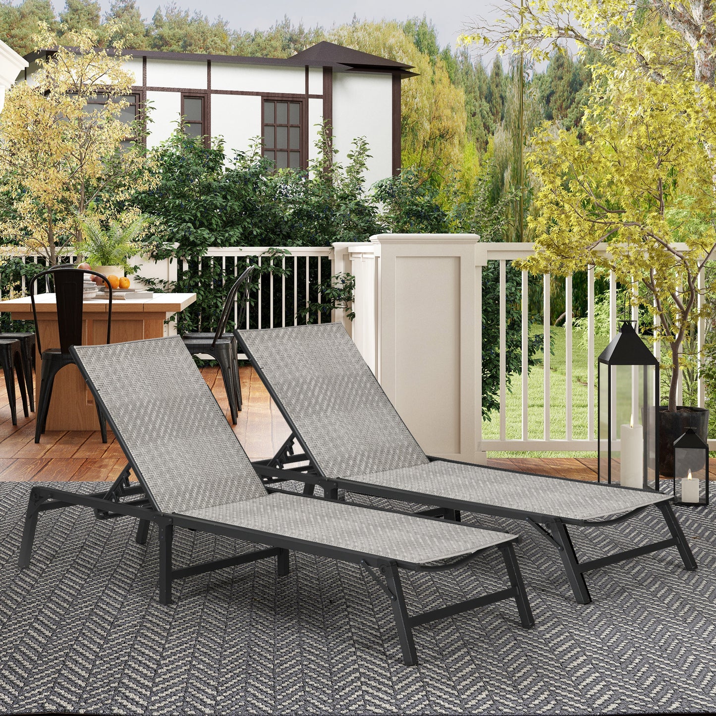 Outsunny Foldable PE Rattan Sun Lounger Set of 2, Patio Wicker Recliners w/ 5-Level Adjustable Backrest, for Poolside, Garden, Mixed Grey