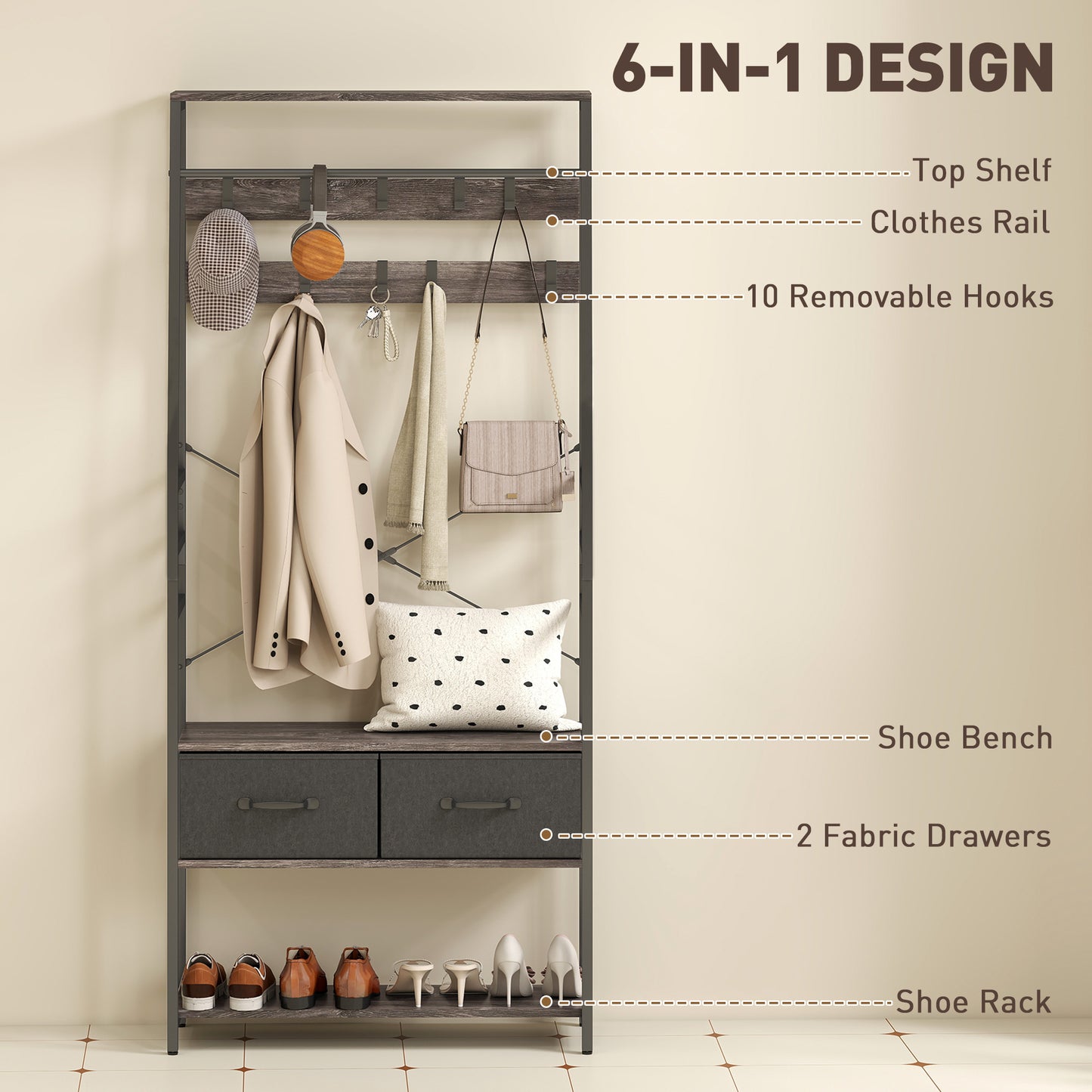 HOMCOM Coat Rack with Shoe Storage, Industrial Hall Tree with Bench, 10 Hooks, 2 Fabric Drawers, Clothes Rail for Entryway, Grey