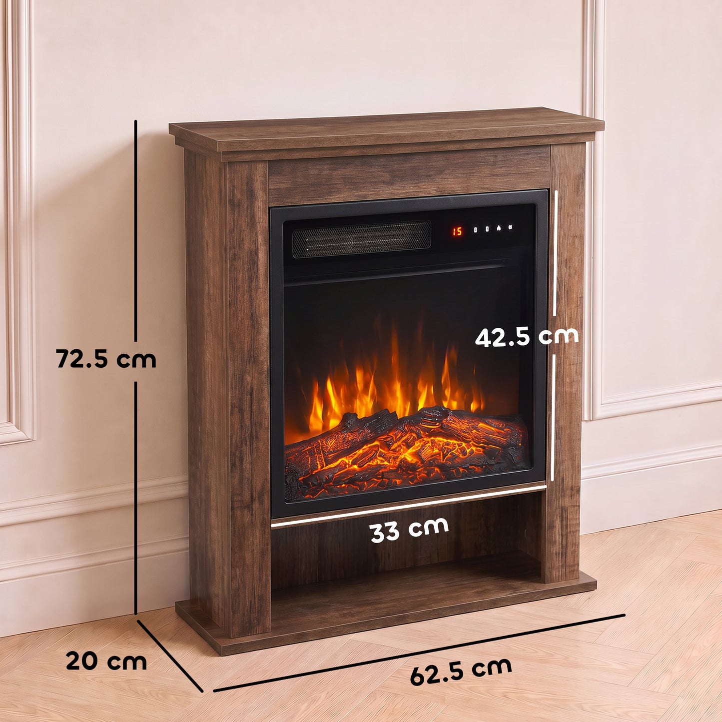 HOMCOM Electric Fireplace Suite with Shelf, 25" 1800W Electric Fire and Surround with LED Flame, 5 Brightness, Remote, Oak