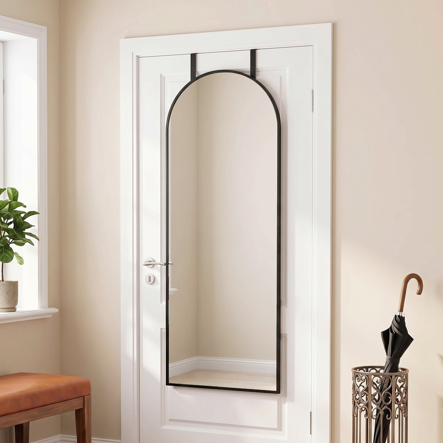 HOMCOM 40 x 110 cm Full Length Hanging Mirror, Arched Mirror with Adjustable Hooks, Over-the-Door or Wall-Mounted, Black