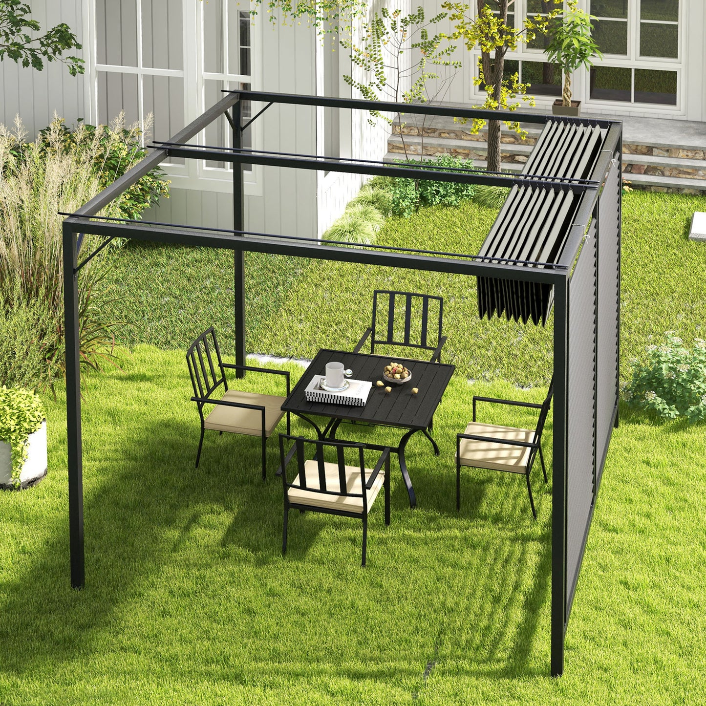 Outsunny 3 x 2.8m Metal Pergola with Retractable Fabric Roof - Grey