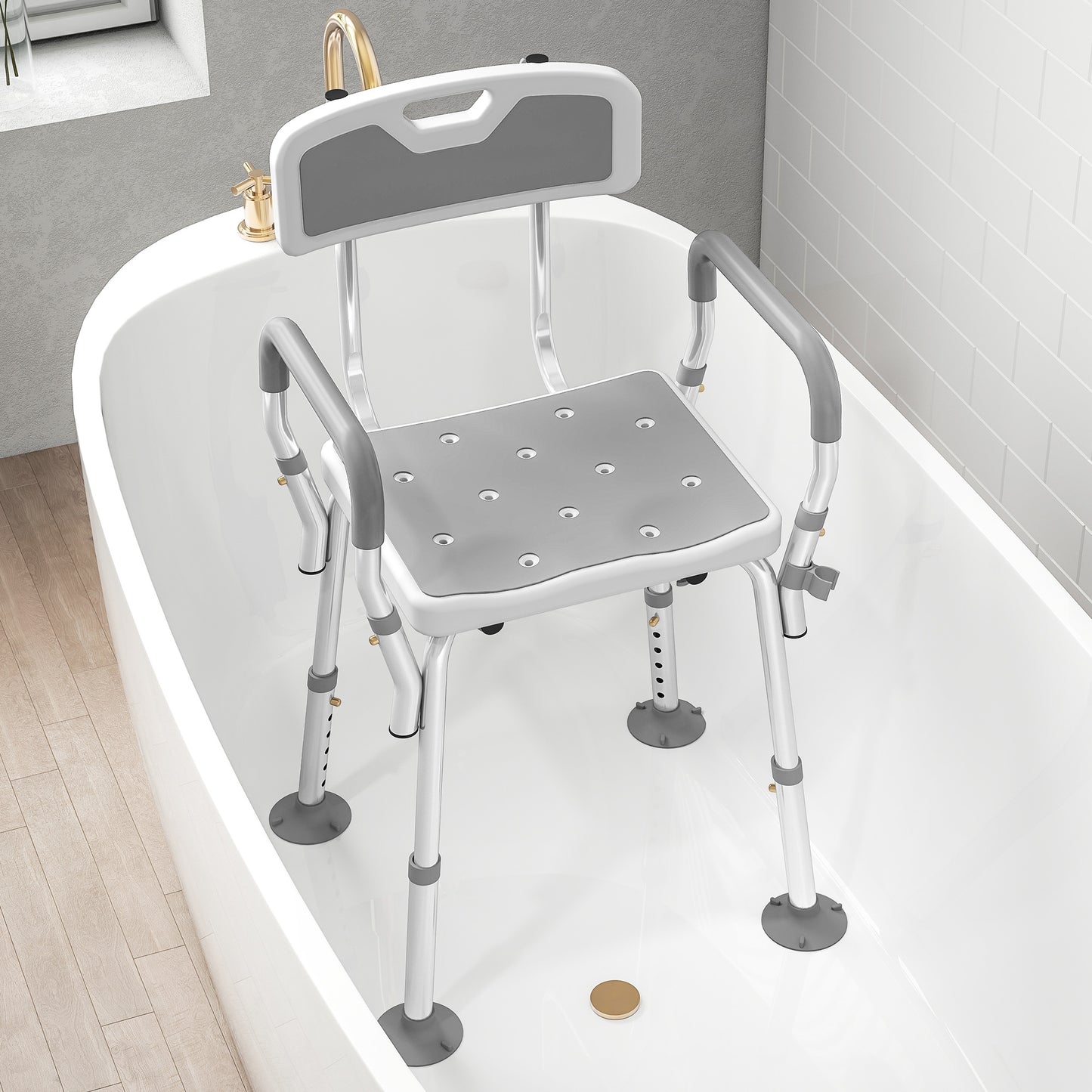 HOMCOM EVA Padded Shower Chair, Height Adjustable with Back & Arms, 4 Suction Foot Pads for Elderly & Disabled, Light Grey