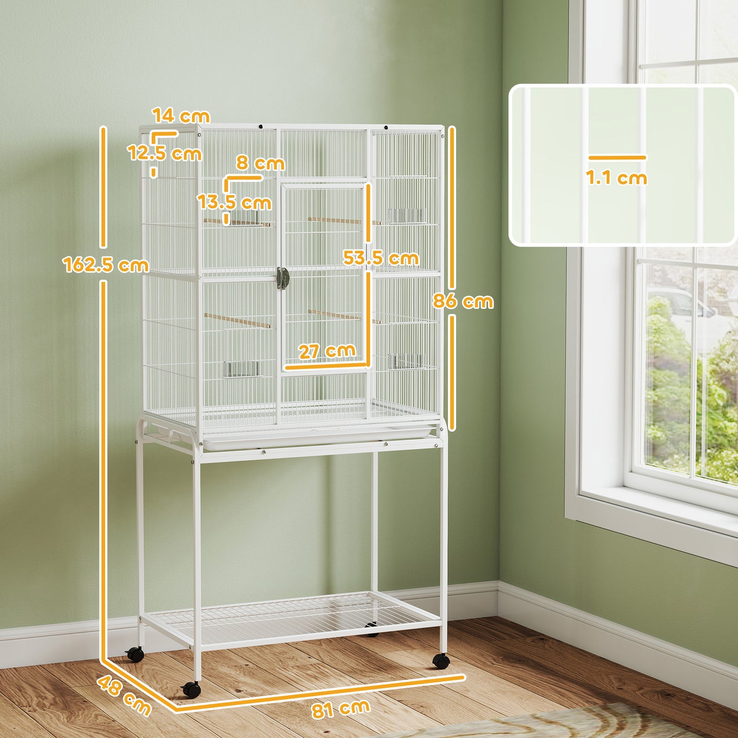 PawHut Large Bird Cage Budgie Cage with Stand, Storage Shelf, Wood Perch for Parrot, 81 x 48 x 162.5 cm, White