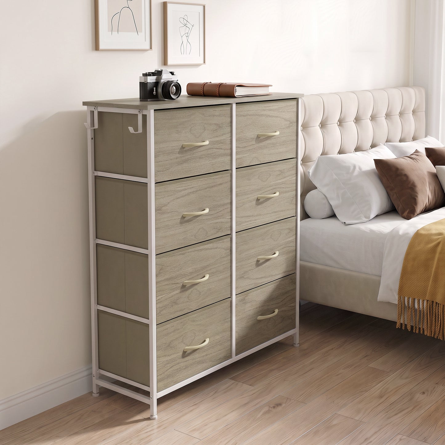 HOMCOM Chest of Drawers, Dresser for Bedroom with 8 Fabric Drawers, Tall Storage Unit w/ Side Storage Bag, Natural Wood Finish