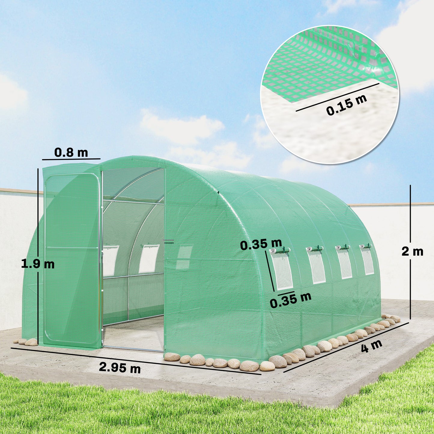 Outsunny 3 x 4 m Walk-in Polytunnel Greenhouse with Hinged Door and 8 Roll Up Mesh Windows, Garden Tunnel Warm House Tent, Green
