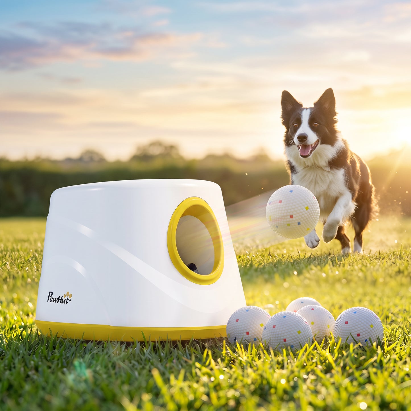 PawHut Automatic Dog Ball Launcher, Dog Thrower Machine with 6PCS 2.3" ETPU alls, 3 Adjustable Distance(20/33/46ft) & Random Mode