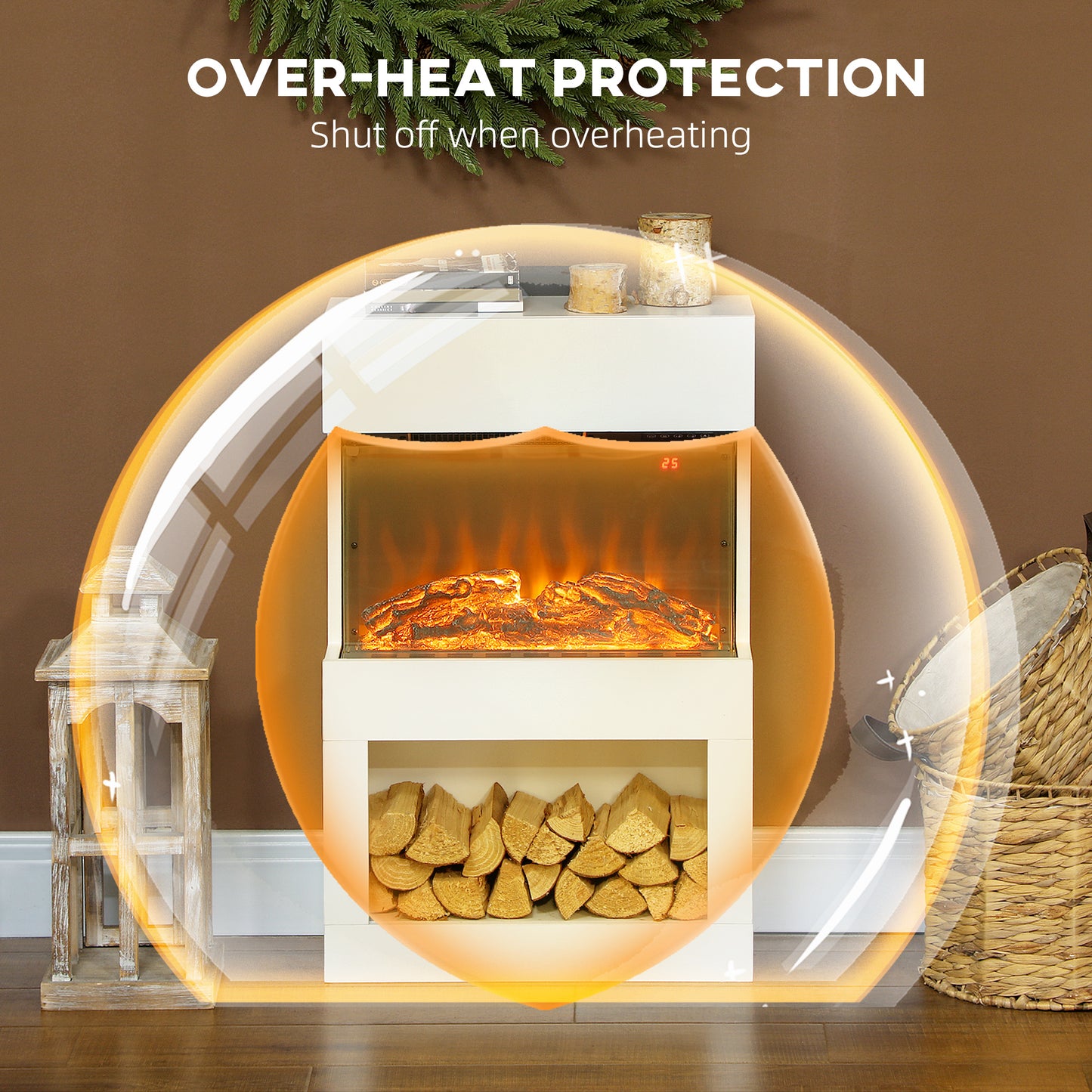 HOMCOM Electric Fireplace with 3D Flame, 6 Colors, 3 Brightness, 1000W/2000W, Remote & Timer, 3-Sided View, Heats 30m², White