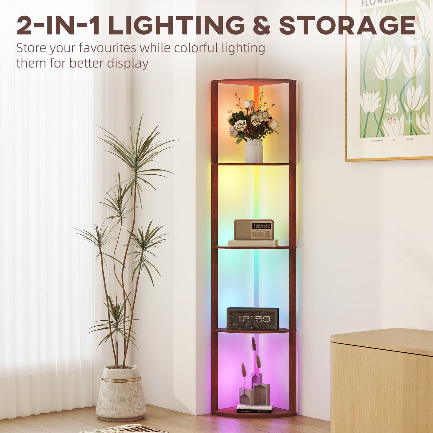 HOMCOM RGB LED Floor Lamp with Shelves, 5-Tier Dimmable Standing Lamp, Adjustable Brightness, Remote Control, Corner Shelf Unit, Brown