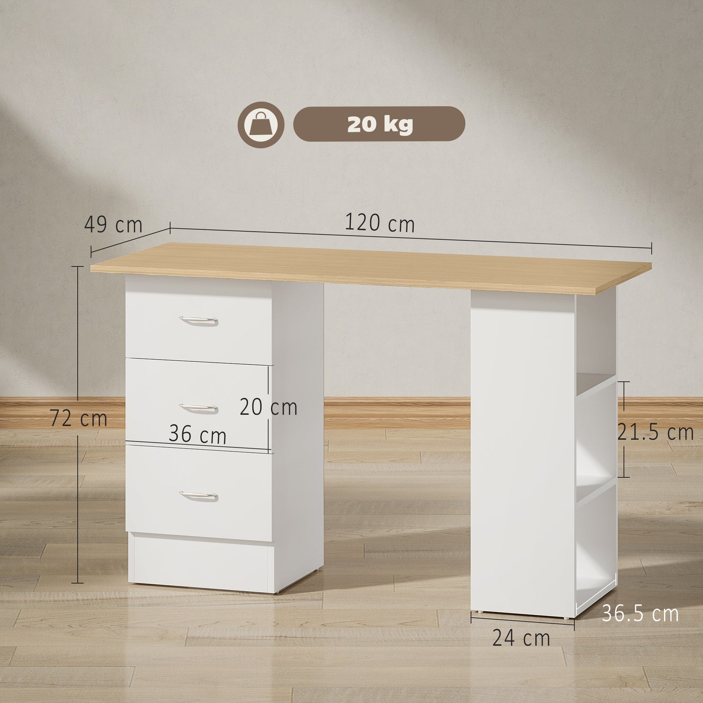 HOMCOM Computer Desk, Writing Table with 3 Shelves & Drawers, Silver Handle, for Home Office, Natural Wood & White Finish