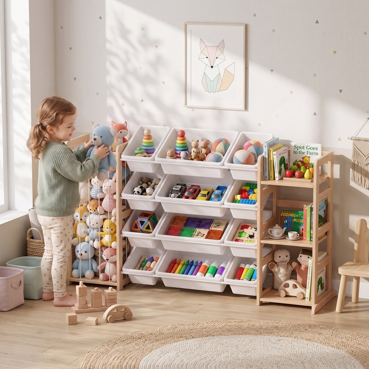 AIYAPLAY Wooden Toy Storage Unit with Stuffed Animal Storage, Bookshelf and 12 Bins for Kids Rooms, Bedroom, Playroom, Nursery