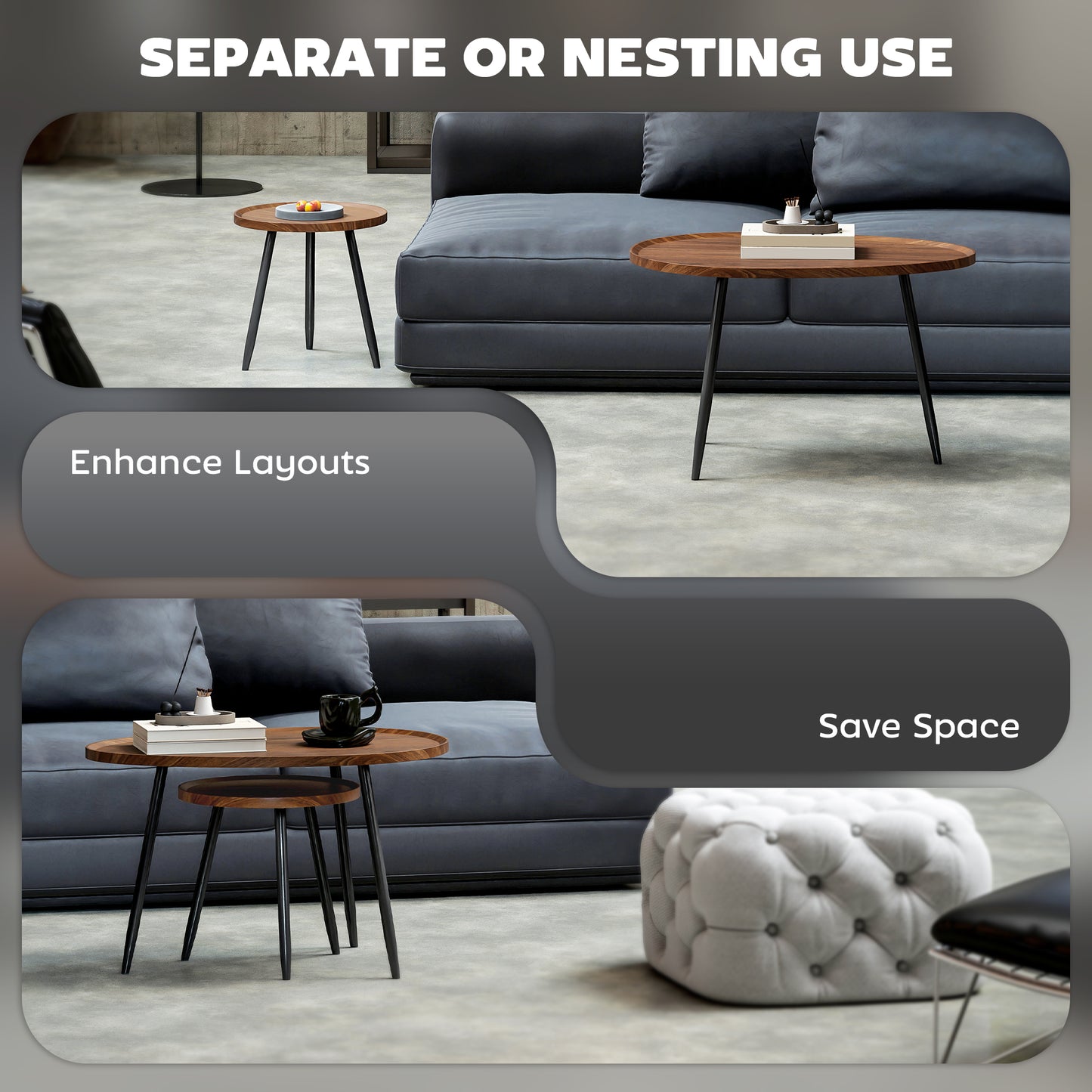 HOMCOM Nesting Coffee Table Set of 2, 80cm Modern Stacking End Tables with Metal Legs for Living Room, Bedroom, Office, Chestnut Wood Effect